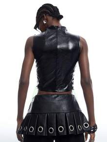 LYSMO Women's Eyelet Strap PU Leather Cropped Fashion Vest - Black - View 2