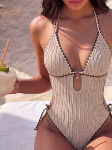 Swim Vcay 2026 New Spring/Summer Women's Vintage Maillard Brown Textured One-Piece Swimsuit, Triangle Halter Neck Design With Hollow Chest And Metal Pendant, Adjustable Side Ties, Wavy Textured Fabric, Elegant Casual Beach Vacation One-Piece Swimsuit - Brown - View 1