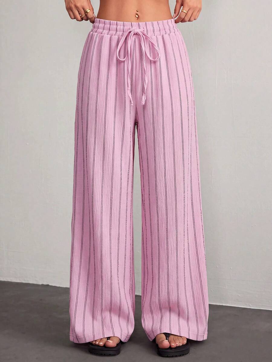 SHEIN PETITE 女款休閒通勤條紋長褲 - 粉色 - 查看 1