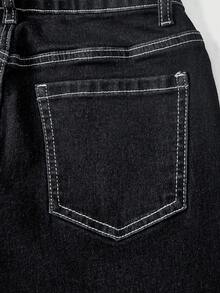 ROMWE Y2K Casual Hot Girl Cuffed Hem Design Skinny Denim Cropped Pants Travel Navy Blue - Blue - View 4