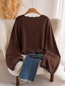 CosyJoli Plus Size Women Solid Color Casual Versatile Daily Wear Long Sleeve Sweater Winter - Coffee Brown - View 2