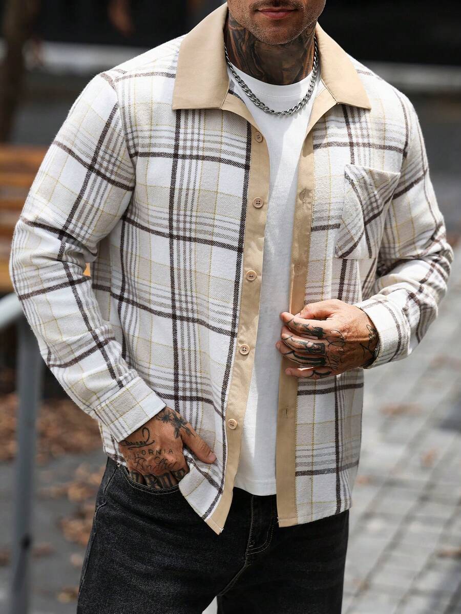 Manfinity CasualCool Men's Mature Casual Plaid Patchwork Long Sleeve Shacket - Apricot - View 1