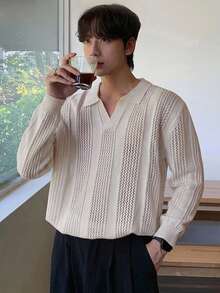 DAZY Spring/Autumn Polo Collar Semi-Hollow Jacquard Knit Top - White - View 6