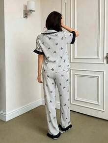 Dream Adore Blue Striped Bow Print Patchwork Contrast Color Lapel Short Sleeve Pants Pajama Set For Women - Grey - View 2