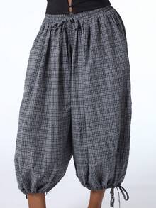 COUREZ Low Rise Extreme Balloon Cropped Pants In Check / Y2K Casual 70s Summer Clothes For Women Shorts Festival Outfits Everyday Holiday Grey Plaid Vacation - Grey - View 6