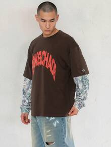 FORM&CHAOS Men's Patchwork Long Sleeve Crew Neck Camouflage Sleeve Vintage Print T-Shirt - Multicolor - View 4