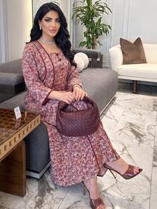 Al Najma Spring/Autumn Color Block Small Ditsy Floral Button Embellished 3/4 Sleeve Loose Fit Casual Minimalist Long Dress Plus Size Women - Multicolor - View 6
