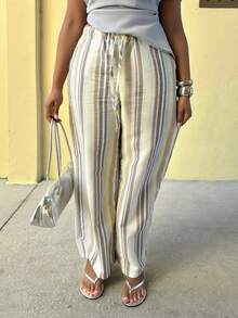 Alexandranx Celana Panjang Wanita Kasual Berbahan Tenun dengan Motif Garis-Garis dan Tali Serut di Pinggang, Pakaian Musim Panas untuk Wanita, Pakaian Pantai - MultiWarna - View 5