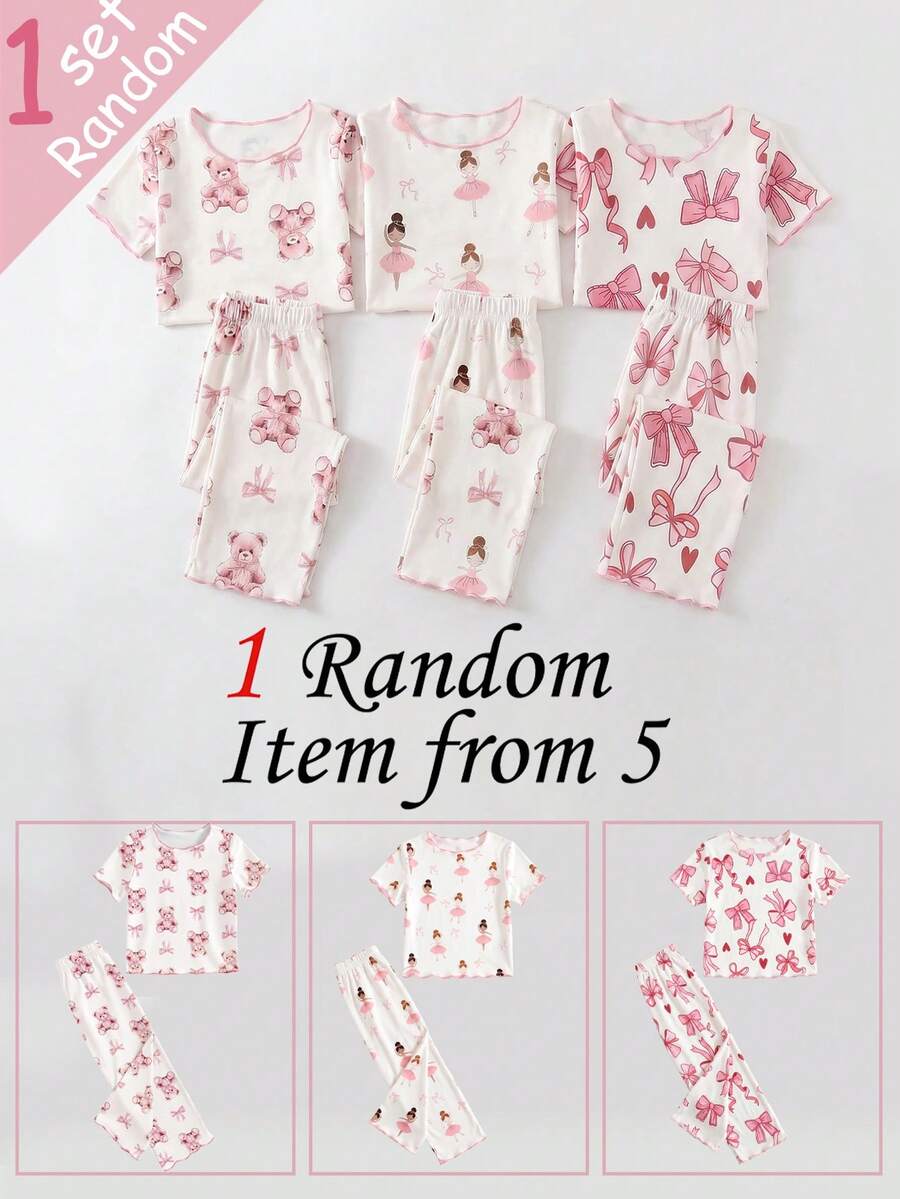 SHEIN 【随机3套,寄送1套】女婴睡衣,可爱甜美蝴蝶结,跳舞女孩,泰迪熊图案组合印花,荷叶边圆领短袖上衣和裤子两件套睡衣套装,春夏四季皆宜 - 白色 - 查看 1
