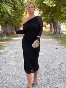 Jeta Ari Gaun Midi Pesta Malam Wanita Elegan dengan Detail Kerut dan Jala, Lengan Panjang, Potongan Ramping, Warna Hitam untuk Musim Gugur - Hitam - View 1