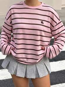 青少年女孩休閒圓領落肩秋季運動衫 粉色條紋 - 彩色 - 查看 1