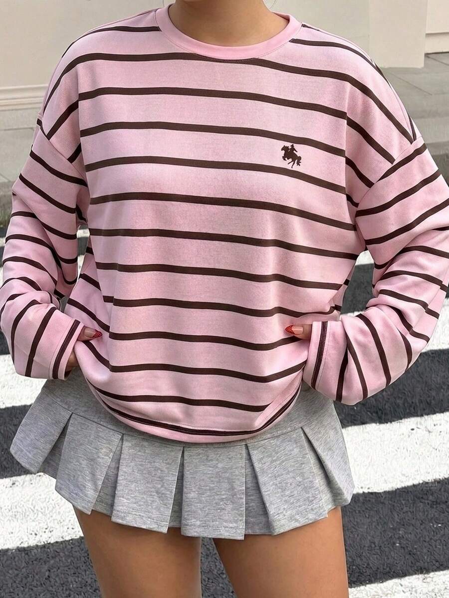 青少年女孩休閒圓領落肩秋季運動衫 粉色條紋 - 彩色 - 查看 1