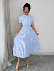 Elenzga Women's Spring/Summer Elegant Apricot Pearl Design Ruffle Collar Pleated Waist Fitted Long Dress - Blue - View 5
