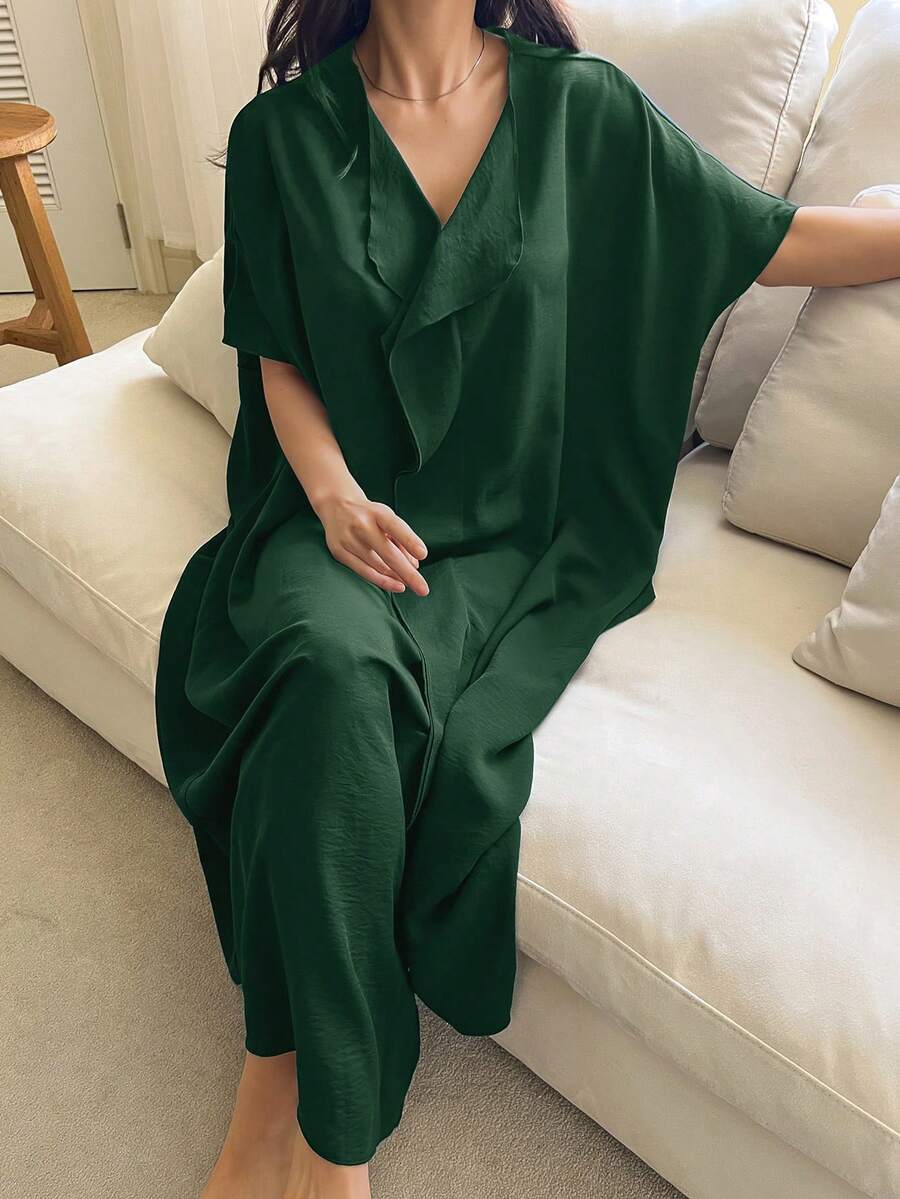 DAZY Solid Color Loose V-Neck Long Dress Nightgown Women's Loungewear Dress Fall - Dark Green - View 1