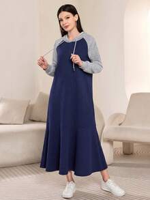 Mulvari Women's Colorblock Raglan Long Sleeve Drawstring Hooded Sweatshirt Dress - Navy Blue - View 6
