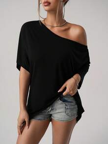 SHEIN ICON 美式街頭休閒寬鬆版型不對稱肩領純黑色T恤 - 黑色 - 查看 4