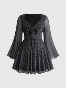 ROMWE Goth Y2K Fashion Punk Skull Print Bustier Short Mesh Long Sleeve Dress - Black - View 1