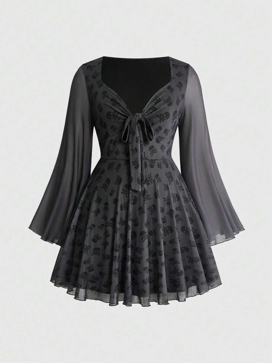 ROMWE Goth Y2K Fashion Punk Skull Print Bustier Short Mesh Long Sleeve Dress - Black - View 1