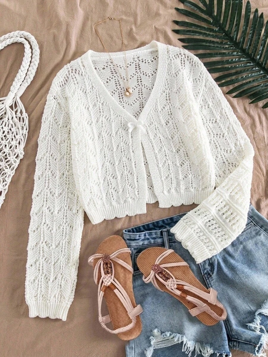 SHEIN Cardigan Rajut Berongga untuk Remaja Perempuan, Cocok untuk di Rumah, Jalan-jalan Santai, Liburan Pantai, Pesta, dan Lainnya, Nyaman, Serbaguna, dan Lembut - Putih - View 1
