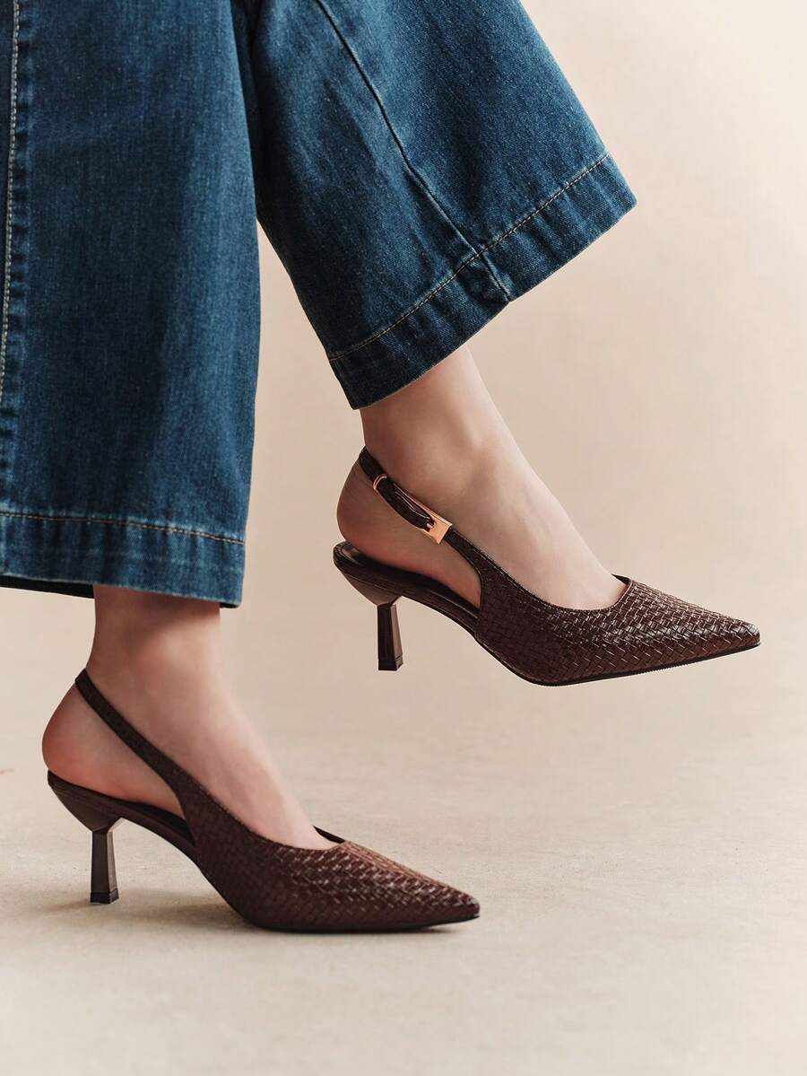 Rosivie Women's Shoes Pointed Toe Slingback Buckle Style Shoes Versatile Daily Workplace Commuting Temperament Beautiful High Heels - dark brown - View 1