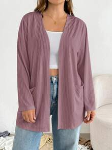 SHEIN Essnce Plus Size Autumn Casual Solid Color Double Pocket Jacket - Dusty Purple - View 4