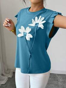 Elenzga Camiseta de mujer con flores tridimensionales lindas y contrastantes para verano y otoño - Agua verde azul - Ver 8