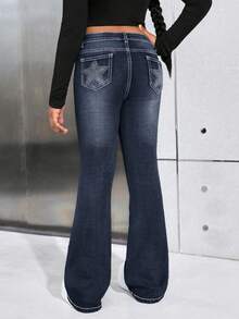 SHEIN Quần jeans ống loe phong cách Y2K cho bé gái tuổi teen, họa tiết ngôi sao đính đá, thích hợp cho mùa thu tựu trường. - Rửa tối - Xem 4