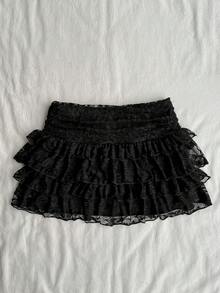 Attitoon 女款休閒復古低腰迷你裙，多層荷葉邊裙，蕾絲拼接，復古、Grunge、Y2K穿搭，外出裙，夏季服飾，派對 - 黑色 - 查看 3