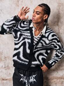 Skyrend Casual Loose V-Neck Long Sleeve Button-Up Cardigan, Zebra Print High Street Style Unisex Top, Suitable For Spring, Autumn And Winter Fall/Autumn/Winter Halloween Grunge - Black - View 4