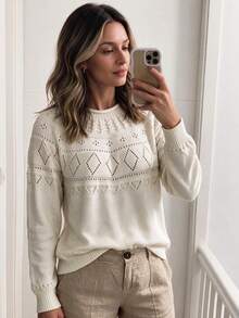 Louniche Women's Early Autumn Textured Fine Hollow Knit Pullover Round Neck Long Sleeve Sweater - Beige - View 5