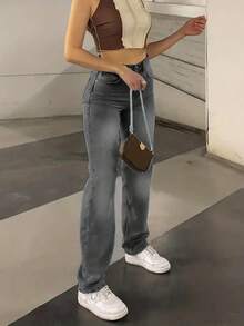 SHEIN Tall Women's Fashion Versatile Button Pocket Straight Leg Jeans For Daily Wear - Black - View 6