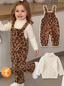 SHEIN Baby Girl Cartoon Animal Leopard Print Thermal Lined Thick One-Piece Long Autumn Pants Suitable For Winter - Multicolor - View 1