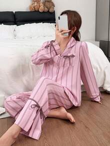 Napfluff Women's Striped Print Casual Loungewear Lapel Contrast Color Long Sleeve Pajama Pants Set - Pink - View 1