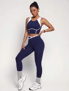 SHEIN Dewbera 1 Set Navy Blue White Contrast Seamed Racerback Sports Set, Slim Fit, Suitable For Yoga, Fitness, Workout, Summer - Navy Blue - View 4
