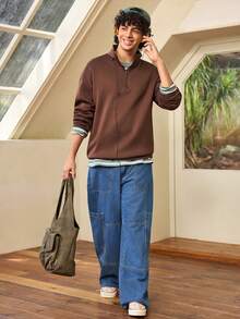 Whitmere Men's Stand Collar Zipper Half Placket Casual Versatile Commute Autumn/Winter Long Sleeve Sweatshirt - Brown - View 3