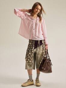 SHEIN New French Vintage Lace Blouse For Women, Round Neck, Long Sleeve, Ruffle Cuff, Loose Fit Doll Top - Pink - View 4