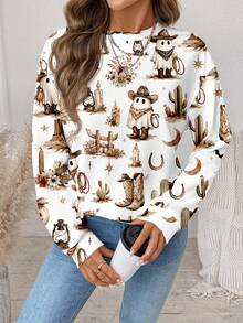 SHEIN LUNE Women's Halloween Bull Head & Pumpkin Goblin Print Sweatshirt, Autumn/Winter - White - View 6