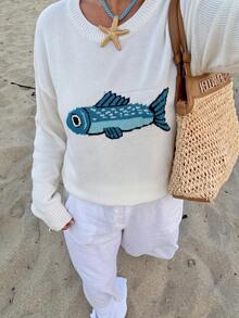 Elamini Sweater Rajut Wanita Kasual Longgar Motif Sarden, Musim Gugur/Dingin - MultiWarna - View 2