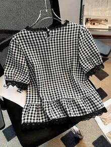 SHEIN Franclia 2026新款女士法式蕾丝边格纹短袖衬衫，优雅别致青春上衣 - 黑色 - 查看 2