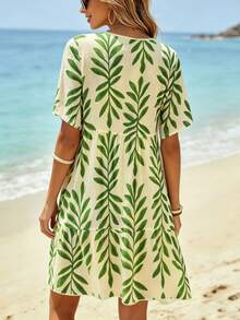EMERY ROSE Women's Plus Size Tie Neck Green Leaf Print Dress, Vacation Style Beach Wear, Suitable For Holidays And Outdoor Activities - Multicolor - View 2