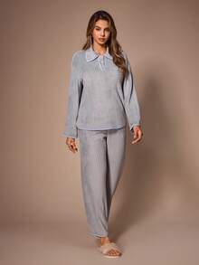 Lazeform Women's Plush Lapel Cardigan & Long Pants Loungewear Set - Grey - View 5