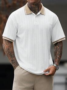 Manfinity CasualCool 男士休閒時尚拼接短袖 Polo 衫套裝，外出必備，適合送給家人與男友的禮物 - 卡其色 - 查看 5
