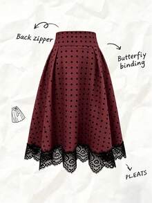 SHEIN Women's Polka Dot Pattern Contrast Lace Hem Elegant Pleated Skirt - Burgundy - View 1