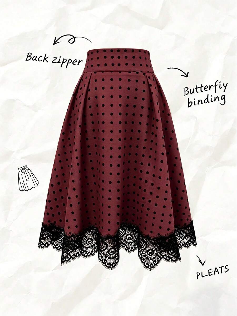 SHEIN Women's Polka Dot Pattern Contrast Lace Hem Elegant Pleated Skirt - Burgundy - View 1