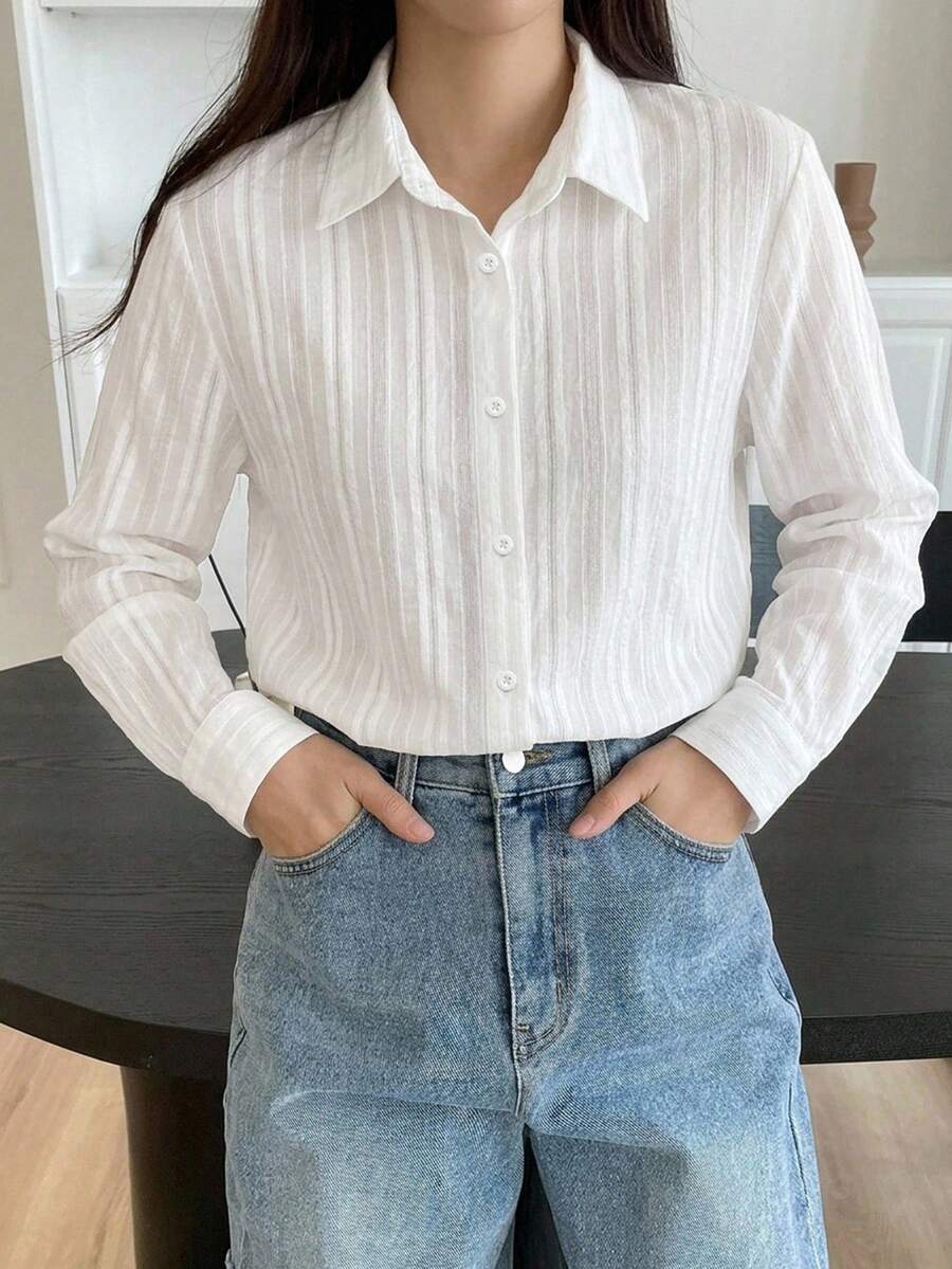DAZY 優雅老錢風純色長袖春夏女款襯衫 - 白色 - 查看 1