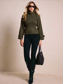 Poéselle Women's Casual Trench Coat Jacket, Autumn - Army Green - View 6