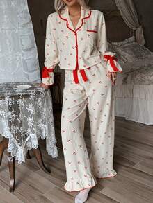 CottageSlumber Red And White Checkered Cherry Print Pajama Set, Sweet Tie Bow Cuffs Ruffle Hem Long Pants Loungewear 2 Pieces Set Sleep Autumn Cute Kawaii - Multicolor - View 5