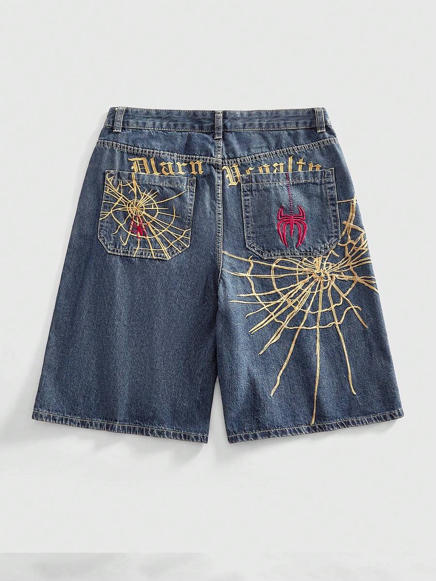 ROMWE Grunge Punk 夏季復古中性街頭龐克蜘蛛網刺繡寬鬆寬腿女款牛仔中長褲 - 藍色 - 查看 1