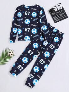 SHEIN 男童足球印花長袖長褲緊身睡衣家居服，適合秋冬穿著 - 藏蓝色 - 查看 2