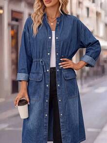SHEIN Clasi Women's Single-Breasted Casual Daily Long Sleeve Denim Jacket Fall/Winter - Blue - View 5